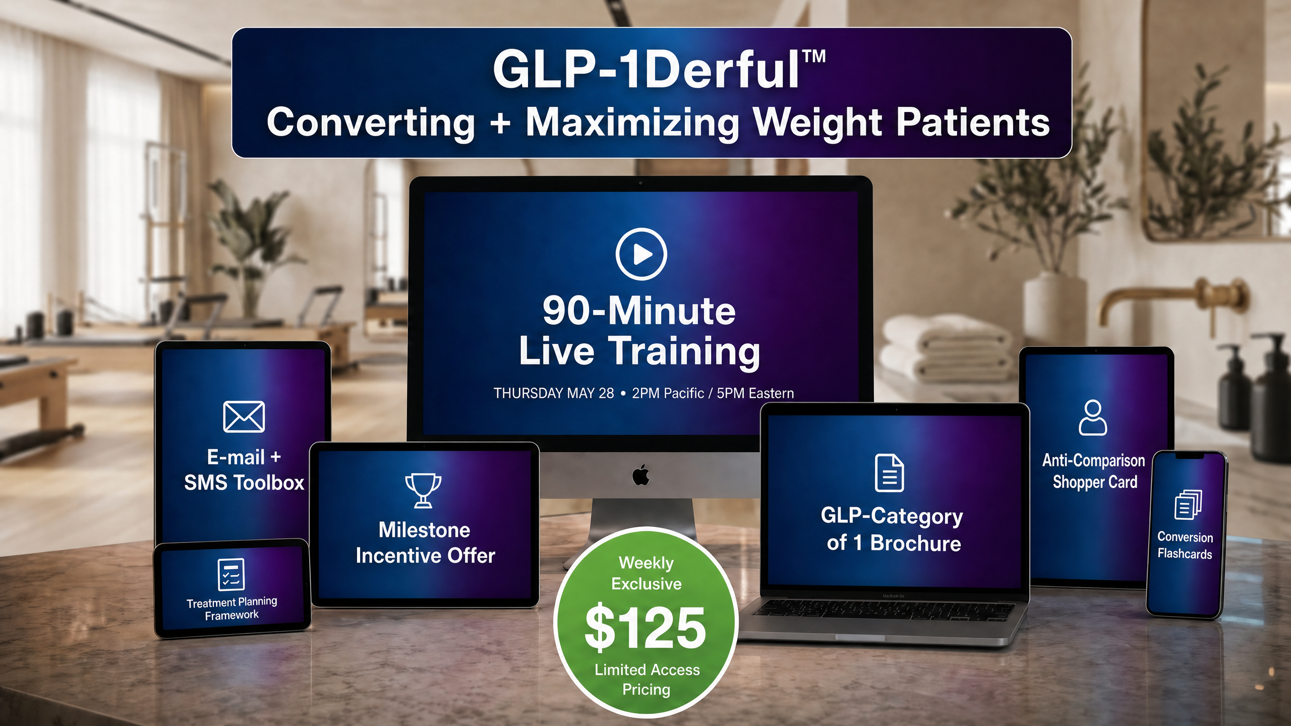 GLP-1Derful product suite mockup with training screen, toolkit devices, and $125 weekly exclusive badge